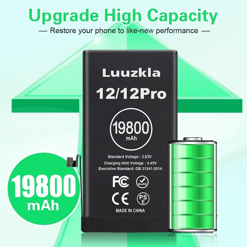 Luuzkla بطارية بسعة 19800mAh (ترقية جديدة 2025) متوافقة مع iPhone 12/12 Pro، بطارية بديلة بسعة فائقة متوافقة مع iPhone 12/12 Pro، مع مجموعة أدوات كاملة - 0 دورة - 24 شهر خدمة - Image 2